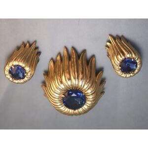 Amazing Sculptural Sapphire Rhinestone Brooch Earrings Bobley Set